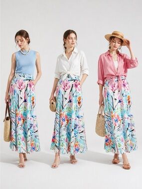 H&M Watercolor Floral High-Waisted Maxi Skirt Summer Skirt